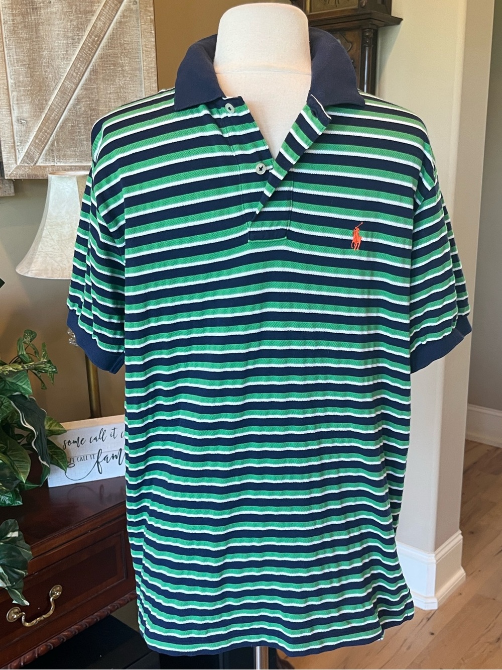Polo by Ralph Lauren Navy, Green & White Striped Short Sleeve Polo